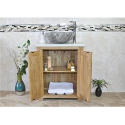 Bathroom Vanity Unit - Solid Oak With White Quartz Top & Stone Basin 310Wqsbc - thumbnail 3
