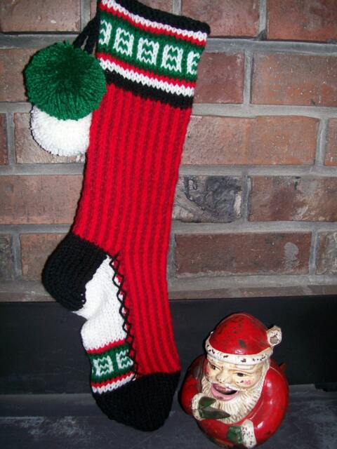 Hand Knit Christmas Stocking Green Black White Red Stripes By Santa's Works - image 1