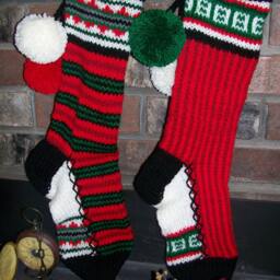 Hand Knit Christmas Stocking Green Black White Red Stripes By Santa's Works - thumbnail 2