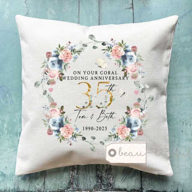 Personalised Coral Wedding Anniversary Cushion, Anniversary, Gift 35 35Th Anniversary Cushion - image 1