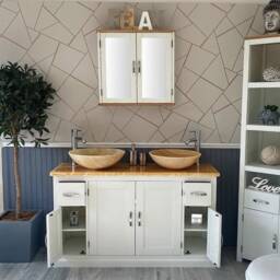 White Painted Bathroom Vanity Cabinet Double Twin Sink Bowl Basin & Golden Onyx Unit 402Pgo25Gox2 - thumbnail 2