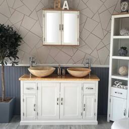 White Painted Bathroom Vanity Cabinet Double Twin Sink Bowl Basin & Golden Onyx Unit 402Pgo25Gox2