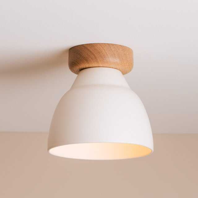 White Small Element Flush Mount Ceiling Light in Ceramic & Oak - image 1
