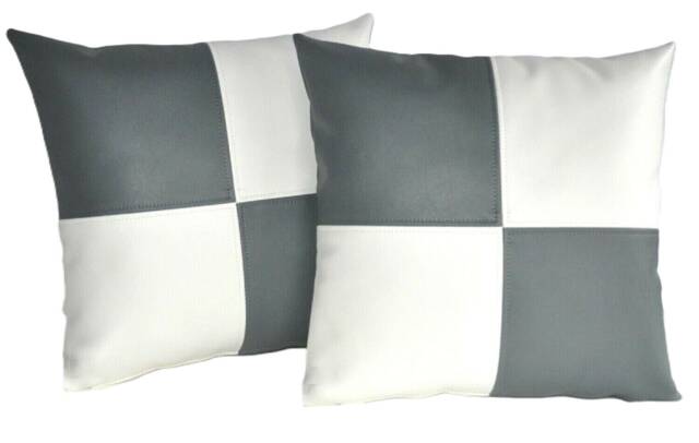 "2 Grey & White Check Faux Leather Cushion Covers 16"" 18"" 20" - image 1