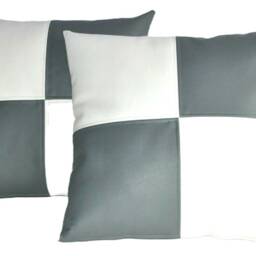 "2 Grey & White Check Faux Leather Cushion Covers 16"" 18"" 20" - thumbnail 2