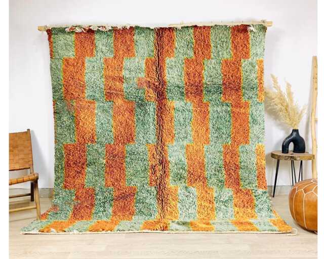 Moroccan Berber Rug, Green & Amber Shag Area Handwoven Beni Ourain Style Carpet, Large Bold Pattern Rug - image 1