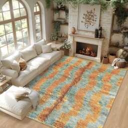 Moroccan Berber Rug, Green & Amber Shag Area Handwoven Beni Ourain Style Carpet, Large Bold Pattern Rug - thumbnail 3