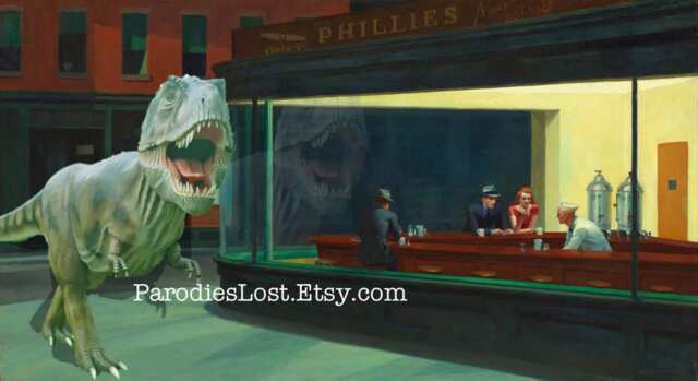 Edward Hopper Nighthawks T-Rex Dinosaur Pulp 1940S Parody Print Tyrannosaurus Art