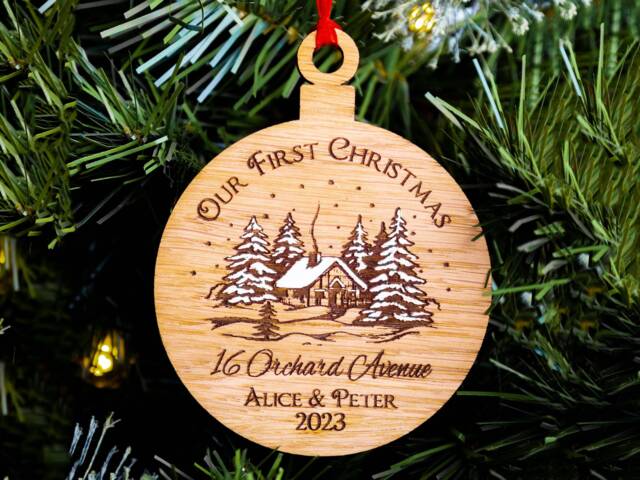 Our First Christmas Tree Decoration, Couples First Christmas, Xmas in A New House, Personalised Bauble, Boyfriend Girlfriend, Oak Wood Large - image 1
