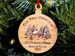 Our First Christmas Tree Decoration, Couples First Christmas, Xmas in A New House, Personalised Bauble, Boyfriend Girlfriend, Oak Wood Large - thumbnail 1