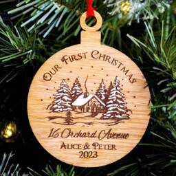 Our First Christmas Tree Decoration, Couples First Christmas, Xmas in A New House, Personalised Bauble, Boyfriend Girlfriend, Oak Wood Large - thumbnail 2