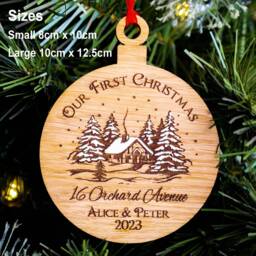 Our First Christmas Tree Decoration, Couples First Christmas, Xmas in A New House, Personalised Bauble, Boyfriend Girlfriend, Oak Wood Large - thumbnail 3
