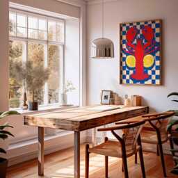 Lobster Poster, Coastal Wall Art With Red & Lemons, Seafood Kitchen Decor, Bold Blue Checkered Retro Print For Dining Room - thumbnail 2