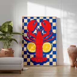 Lobster Poster, Coastal Wall Art With Red & Lemons, Seafood Kitchen Decor, Bold Blue Checkered Retro Print For Dining Room - thumbnail 3