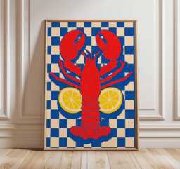 Lobster Poster, Coastal Wall Art With Red & Lemons, Seafood Kitchen Decor, Bold Blue Checkered Retro Print For Dining Room - thumbnail 1