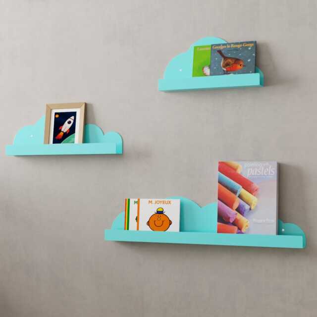 Nursery Bookshelf From Metal, Stainless Steel Kids Book Shelves, Turquoise Wall Mounted Shelf Ledge, Floating Cloud Form, Decor - image 1