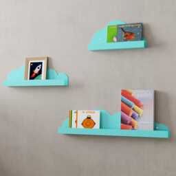 Nursery Bookshelf From Metal, Stainless Steel Kids Book Shelves, Turquoise Wall Mounted Shelf Ledge, Floating Cloud Form, Decor