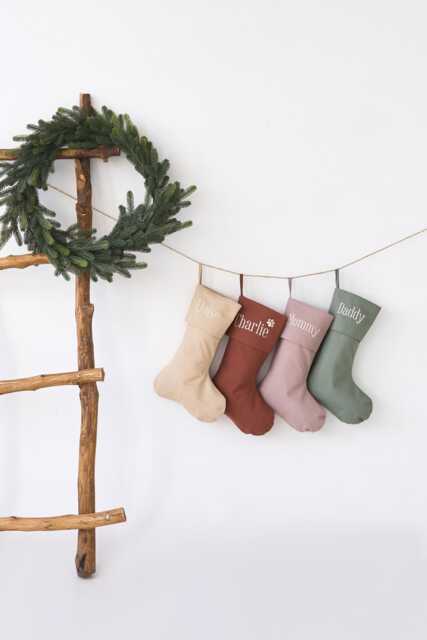 Christmas Stocking With Name, Personalized Linen Christmas Stocking Embroidered Name, Name Dog - image 1