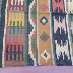 Handmade Wool Jute Rug, Navajo Kilim Style, Traditional Turkish Design - thumbnail 2