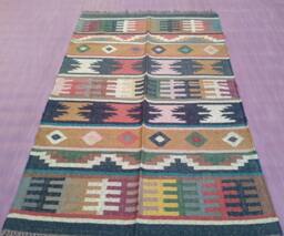 Handmade Wool Jute Rug, Navajo Kilim Style, Traditional Turkish Design