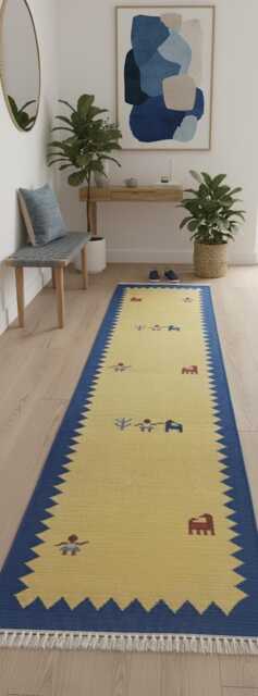 Handmade Kilim Wool Runner Boho Beige & Blue Hallway Rug - 67x226'cm - image 1