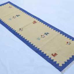 Handmade Kilim Wool Runner Boho Beige & Blue Hallway Rug - 67x226'cm - thumbnail 4
