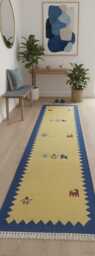 Handmade Kilim Wool Runner Boho Beige & Blue Hallway Rug - 67x226'cm - thumbnail 1