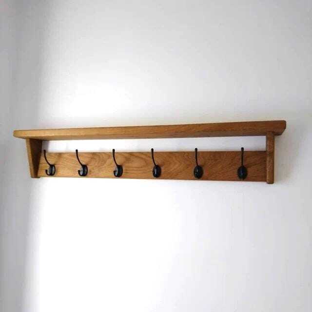 Natural Solid Oak Coat Rack With Shelf, Handmade Wooden Entryway Rail, Cast Iron Hooks, Towel Hanger, Wall Mounted Furniture Retro Classic - image 1