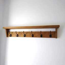 Natural Solid Oak Coat Rack With Shelf, Handmade Wooden Entryway Rail, Cast Iron Hooks, Towel Hanger, Wall Mounted Furniture Retro Classic