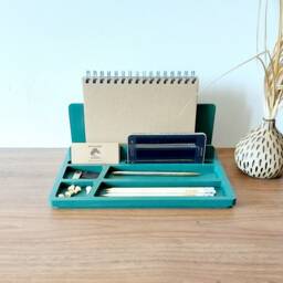 Green Wooden Desk Organizer Modern Office Storage Set - thumbnail 4