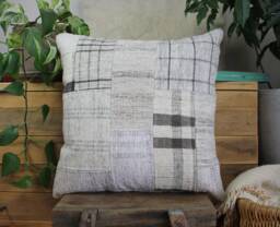 50cm - 20Inch Vintage Kilim Patchwork Cushion Cover Handwoven - Modern Assembly White Cream Grey Checks - thumbnail 1