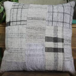 50cm - 20Inch Vintage Kilim Patchwork Cushion Cover Handwoven - Modern Assembly White Cream Grey Checks - thumbnail 2