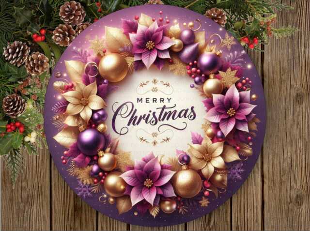 Merry Christmas Wreath Sign, Xmas Purple Merry Xmas Wreath, Holly Sign - image 1