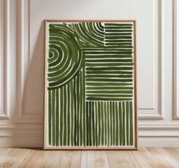 Green Abstract Line Art Print - Modern Minimalist Geometric Poster, Contemporary Wall Decor, Mid Century Inspired Artwork - thumbnail 1