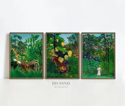 Set Of 3 Forest Prints, Henri Rousseau Green Gallery Wall Art, Exhibition Poster, Jungle Animal Painting, Botanical Printable Home Decor - thumbnail 1