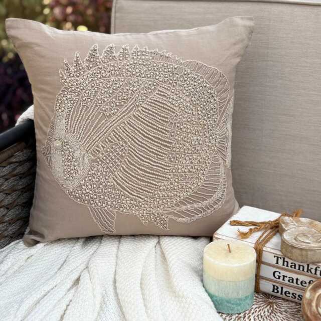 Mocha Beige Cotton Linen Beaded Sea Creature Pattern, Beach Style Throw Pillow Cover - Butterfly Fish - image 1