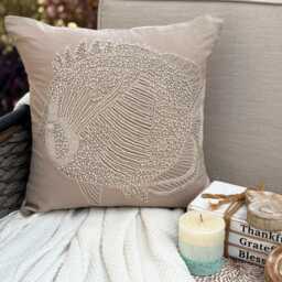 Mocha Beige Cotton Linen Beaded Sea Creature Pattern, Beach Style Throw Pillow Cover - Butterfly Fish - thumbnail 1