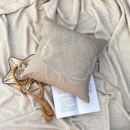 Mocha Beige Cotton Linen Beaded Sea Creature Pattern, Beach Style Throw Pillow Cover - Butterfly Fish - thumbnail 2