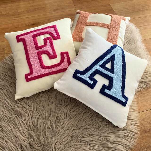 Personalized Embroidered Letter Pillow, Punch Needle Linen Cushion - image 1