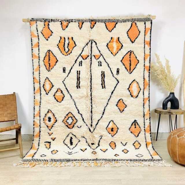 Moroccan Ivory & Orange Berber Rug, Handwoven Wool Shag Diamond Geometric Motifs, Large Area Authentic Beni Ourain Carpet - image 1