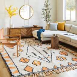 Moroccan Ivory & Orange Berber Rug, Handwoven Wool Shag Diamond Geometric Motifs, Large Area Authentic Beni Ourain Carpet - thumbnail 3