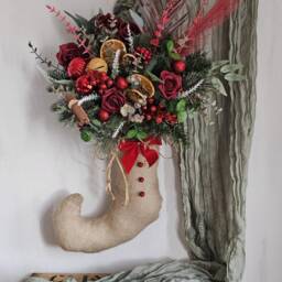 Christmas Wreath For Front Door, Elf Stocking Filled With Red Artificial Decor Flowers & Baubles, Elf Booth, Luxury Winter - thumbnail 2