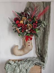 Christmas Wreath For Front Door, Elf Stocking Filled With Red Artificial Decor Flowers & Baubles, Elf Booth, Luxury Winter - thumbnail 1