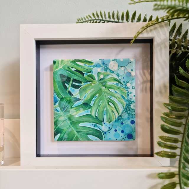 Framed Cheese Plant Tile Art Green Botanical Home Decor - image 1