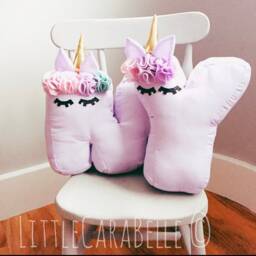 Unicorn Initial Letter Personalised Cushion Pillow. 3D Initial. Style With Flower Crown & Gold Horn. Nursery, Girls Room - thumbnail 4
