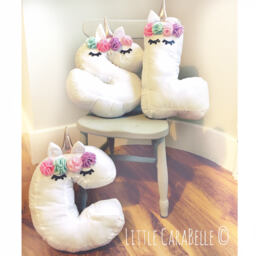 Unicorn Initial Letter Personalised Cushion Pillow. 3D Initial. Style With Flower Crown & Gold Horn. Nursery, Girls Room