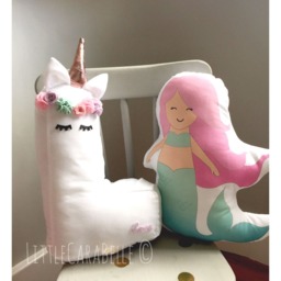 Unicorn Initial Letter Personalised Cushion Pillow. 3D Initial. Style With Flower Crown & Gold Horn. Nursery, Girls Room - thumbnail 3