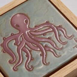 Handmade Octopus Tile Art, Framed Ceramic Underwater Wall Decor - thumbnail 2