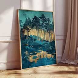 Japanese Forest Lake Poster Teal Blue Gold Asian Landscape Wall Art Pine Trees Nature Print Vertical Decor, Ink Style - thumbnail 4