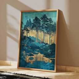 Japanese Forest Lake Poster Teal Blue Gold Asian Landscape Wall Art Pine Trees Nature Print Vertical Decor, Ink Style - thumbnail 2